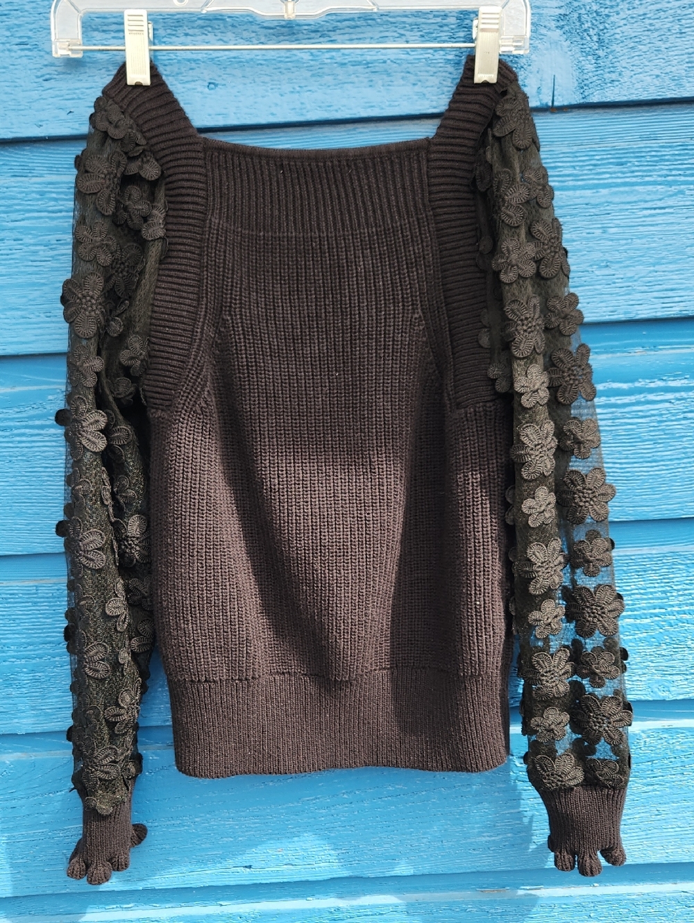 INDUSTRY Black Crewneck Sweater with Floral-Appliqué Sleeves - Picture 5 of 5